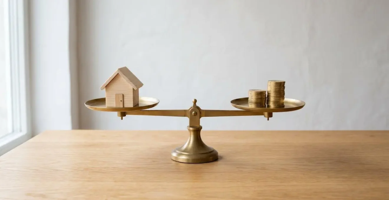 Balance en laiton à l'équilibre avec une maison miniature en bois d'un côté et des pièces de monnaie de l'autre, symbolisant l'arbitrage rendement-sécurité.
