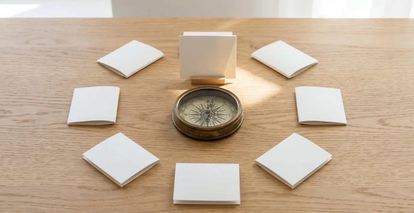 Boussole posée sur une table entourée de petits cartons blancs, symbolisant le choix d'une agence immobilière.