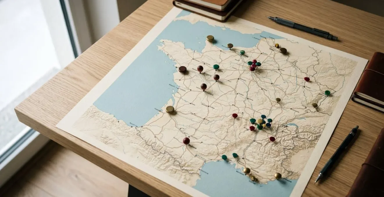 Carte de France stylisée en 3D avec épingles de localisation colorées positionnées sur différentes villes, illustrant les zones d'investissement locatif.