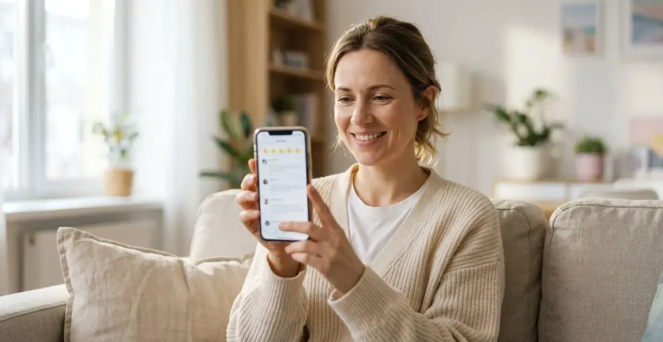 Femme souriante consultant des avis 5 étoiles sur son téléphone dans un salon lumineux.