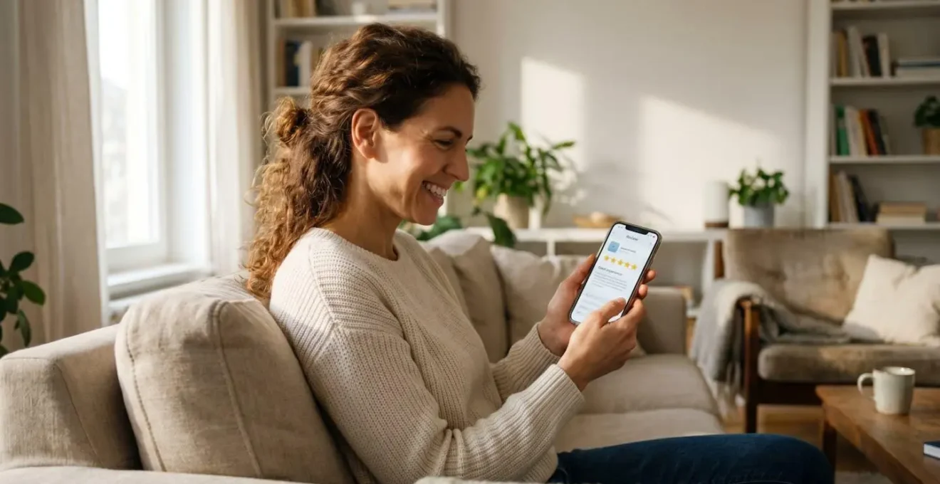 Femme souriante consultant des avis 5 étoiles sur son téléphone dans un salon lumineux.