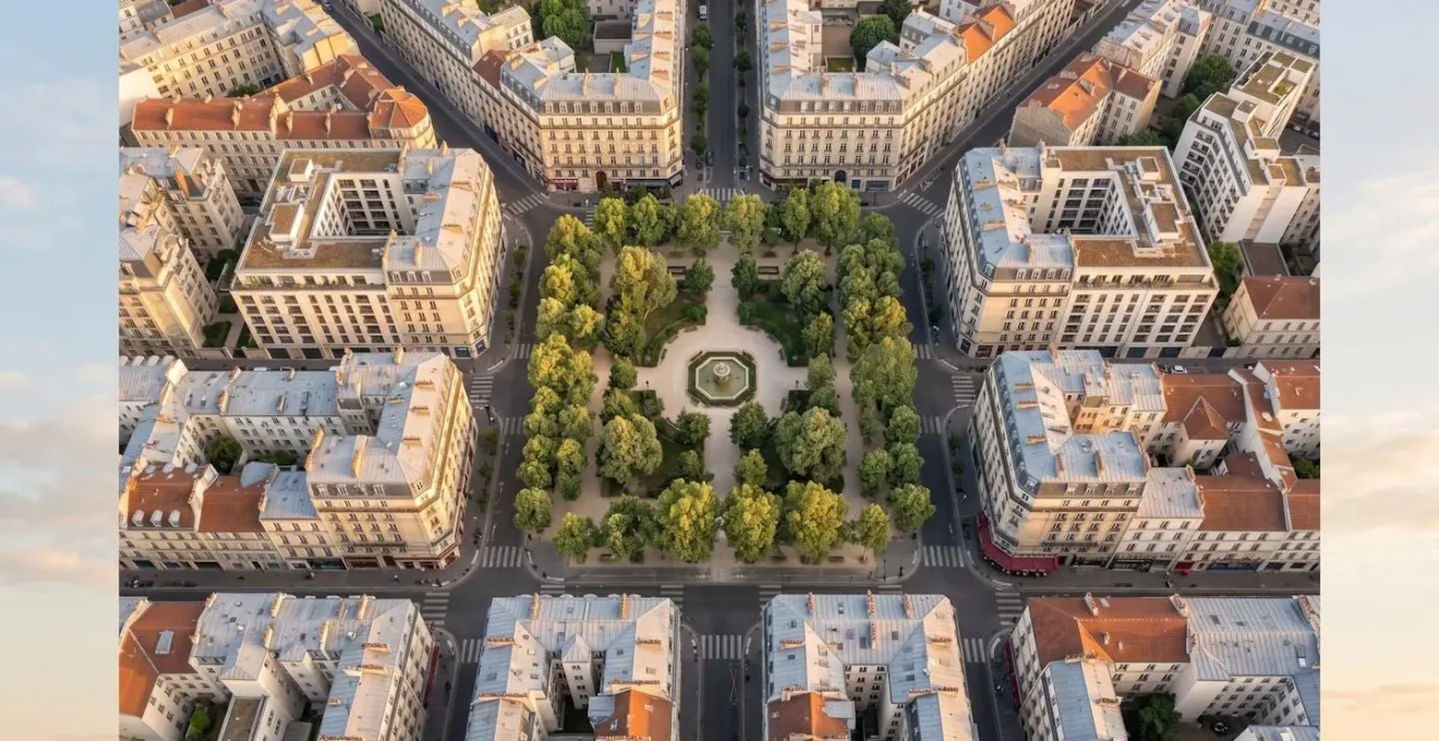 Vue aérienne symétrique d'un quartier urbain français avec immeubles haussmanniens et place arborée centrale, baignés de lumière dorée.